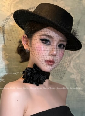 法式赫本风黑色山茶花网纱礼帽高级感气质复古英伦帽名媛风平顶帽