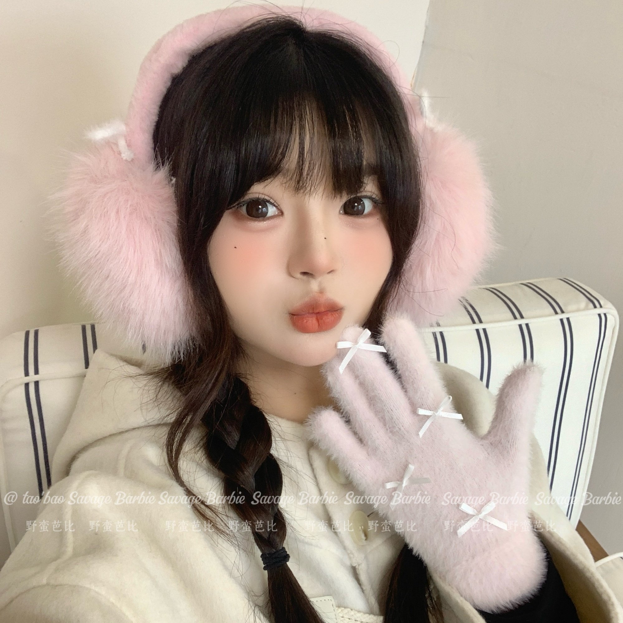 甜美可爱粉色蝴蝶结毛绒耳罩2025冬季新款保暖防寒骑行护耳包耳套