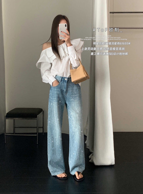 TOP欧制明星同款满天星烫钻牛仔裤女春季拖地长裤显瘦高腰直筒裤