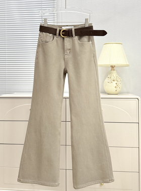 ISMX奶茶色加绒牛仔裤女新款版型超好看的卡其色裤子不贴腿微喇裤