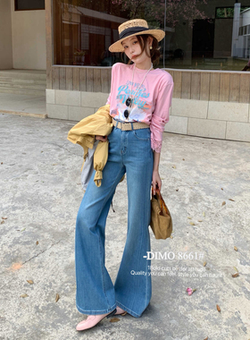 DIMO早春新款蓝色微喇牛仔裤女高腰显瘦版型超好看的长喇叭裤8661