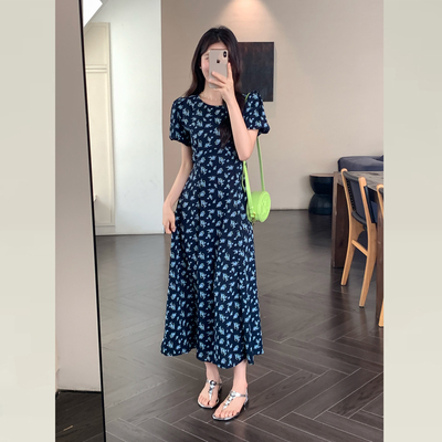 法式蓝色连衣裙女装气质碎花长裙
