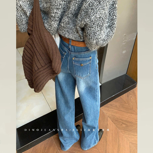 型超好看 版 裤 子高腰显瘦窄版 DIMO深蓝色加绒牛仔裤 直筒裤 冬厚款