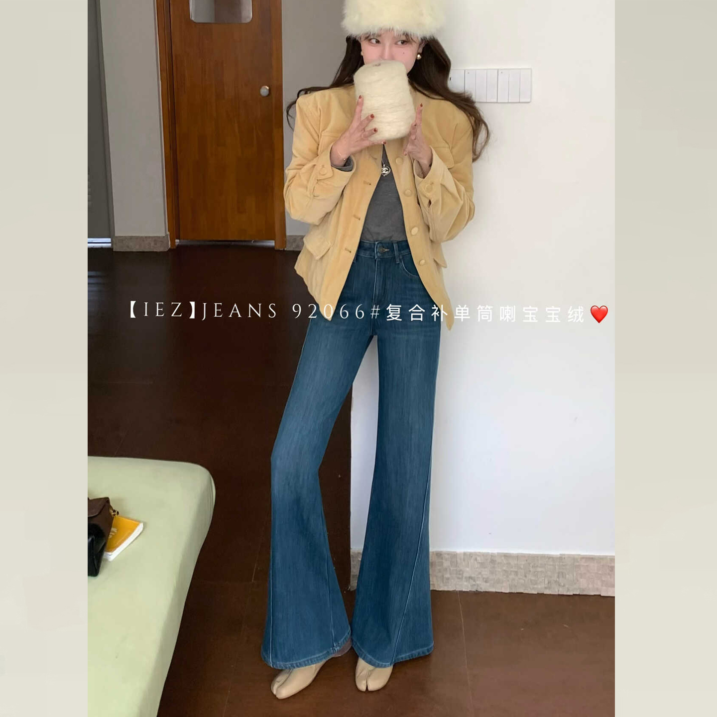 版型超好看的加绒牛仔微喇裤新款