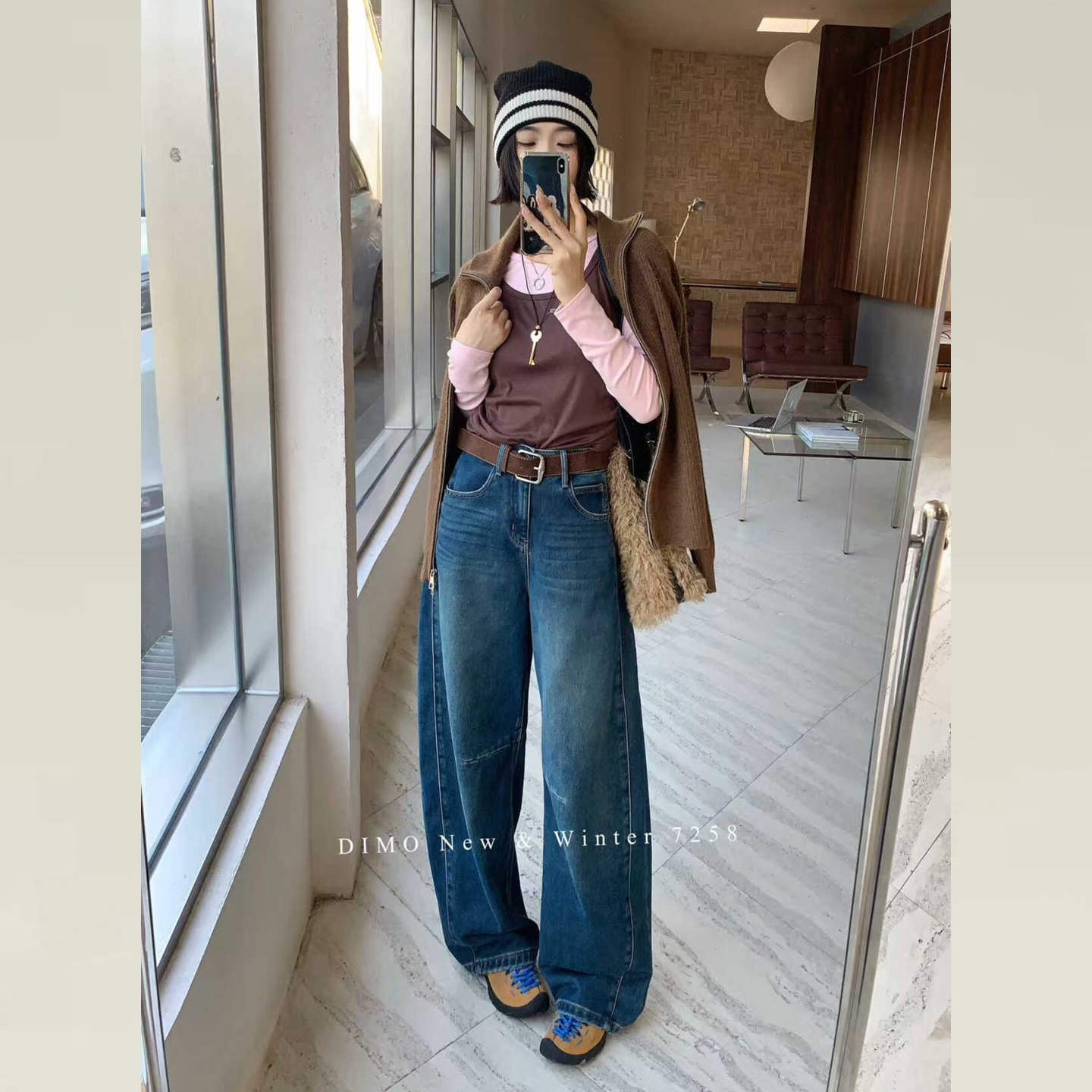 DIMO明星同款加绒牛仔弯刀裤阔腿
