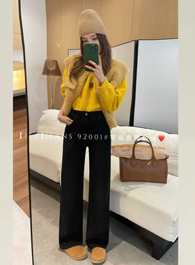 iez黑色加绒牛仔窄版直筒裤女2025新款版型超好看的裤子女款长裤