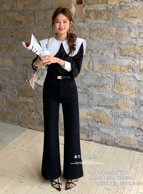 TOP小个子黑色微喇牛仔裤早春新款高腰显瘦垂感四面弹微喇裤3101