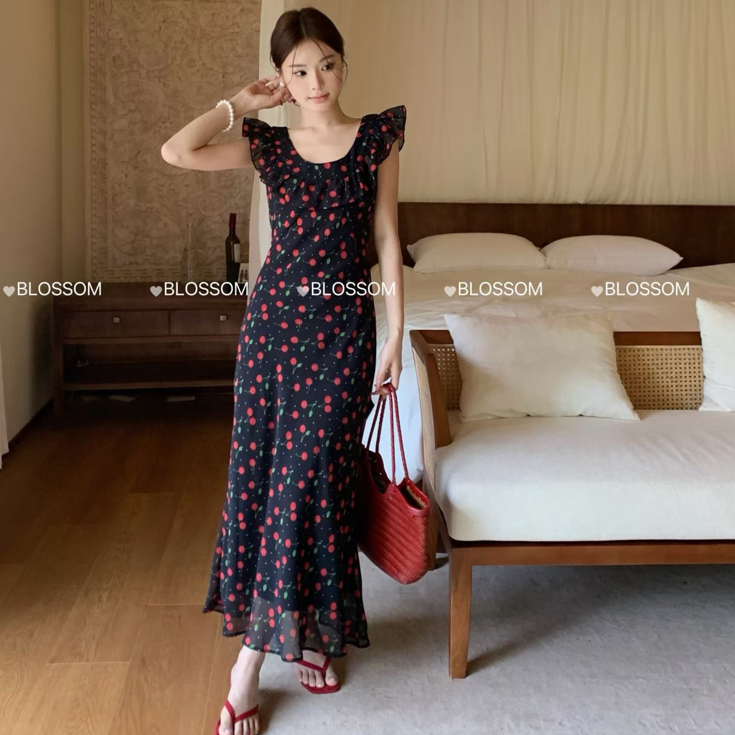 法式夏日绝美樱桃碎花连衣裙女