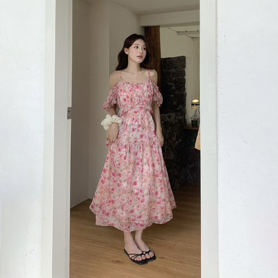 法式一字肩吊带碎花连衣裙女夏