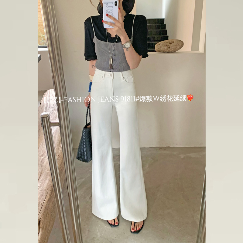 白色牛仔裤女夏薄款裤子女2025新款高腰显瘦高弹不贴腿微喇拖地裤