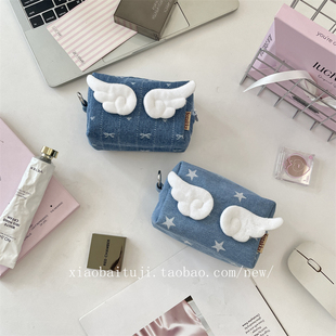 小白兔几 天使翅膀星星牛仔色零钱收纳包学生化妆品便携手拿包袋