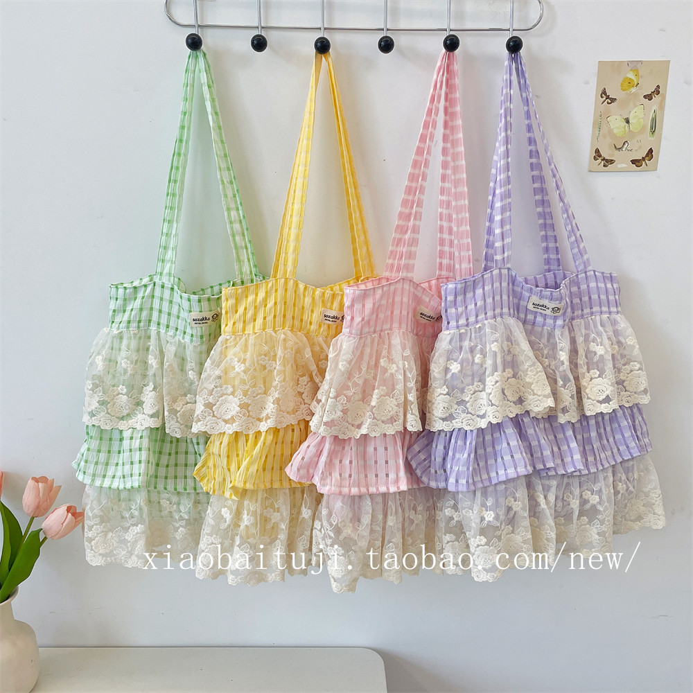 小白兔几 新款格子拼色蕾丝花边单肩腋下包大容量托特包手提布袋