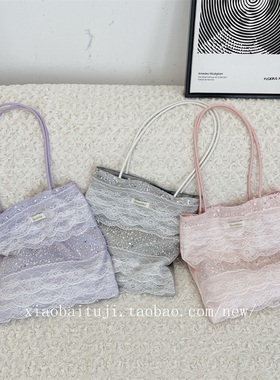 小白兔几大容量拼接紫色蕾丝托特包2025闪片手提腋下包女通勤单肩