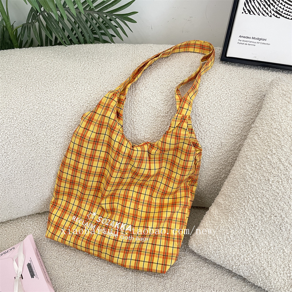 小白兔几 简约刺绣款单肩格子背心包大容量轻便通勤帆布包手提袋