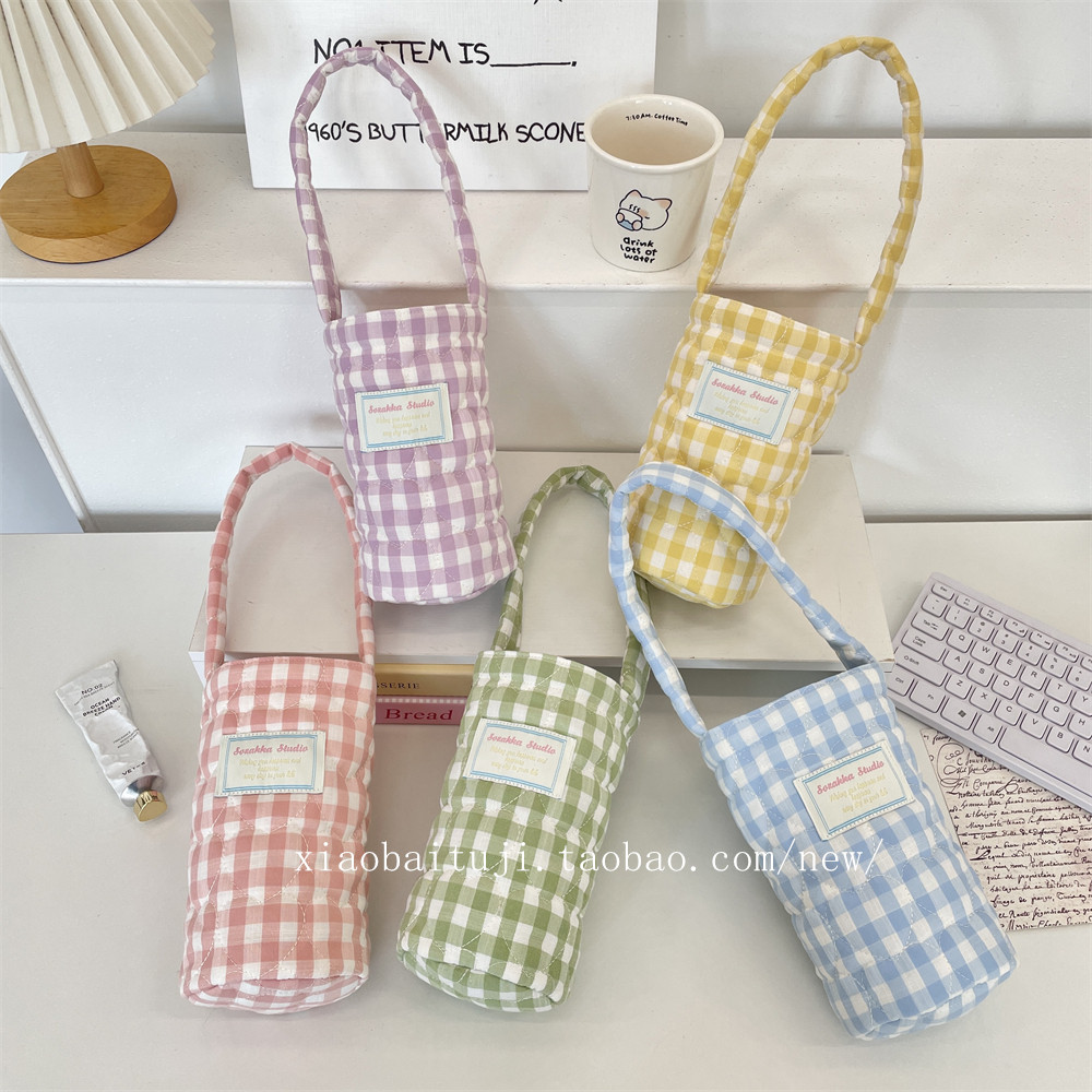 小白兔几 布艺夹棉格子杯套手提拎包水杯袋防烫柔软便携外出杯袋,餐饮具,杯套,淘宝优惠券,粉丝福利购,淘宝优惠卷