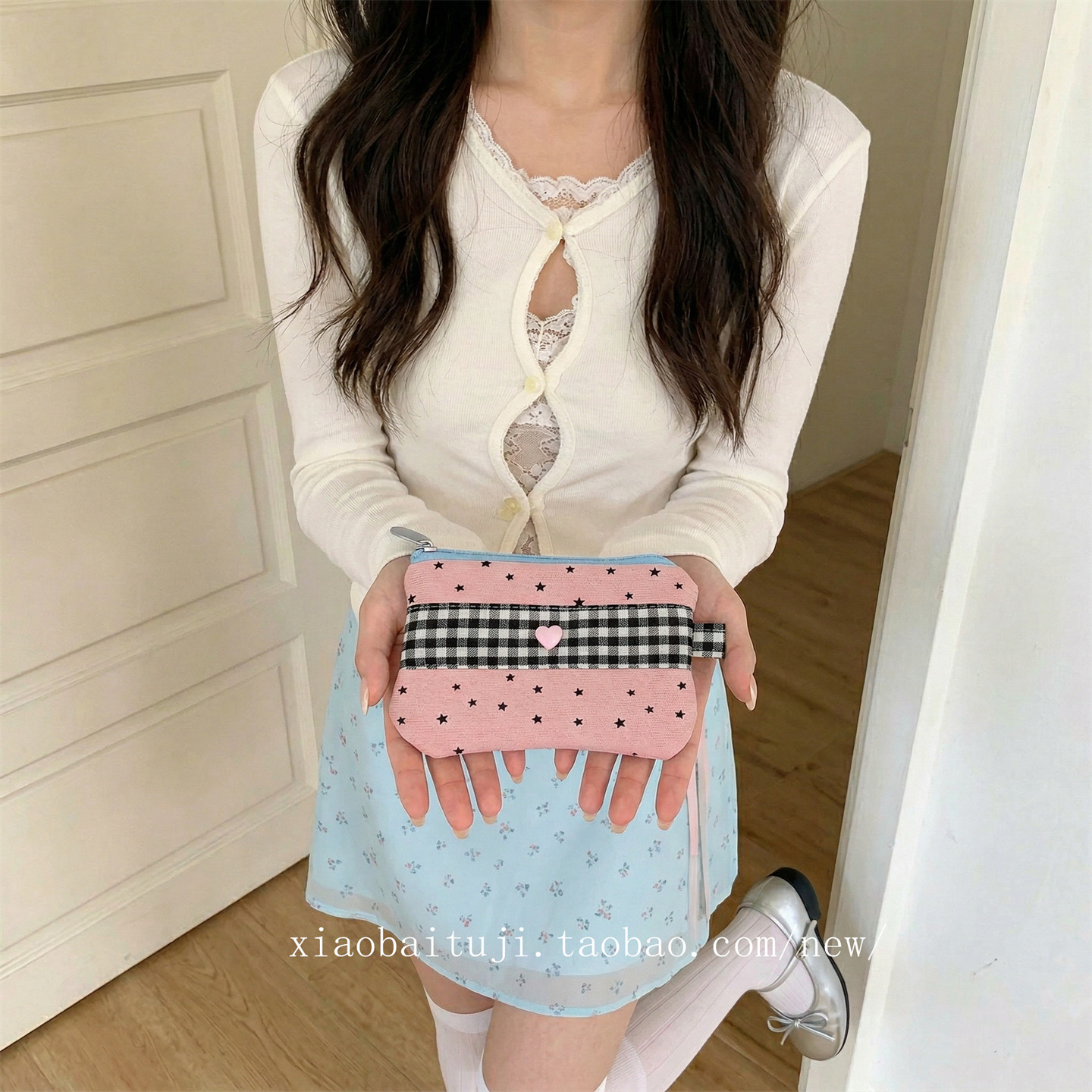 小白兔几 星星刺绣格纹拼接钱包爱心按扣女生口红耳机随身收纳包