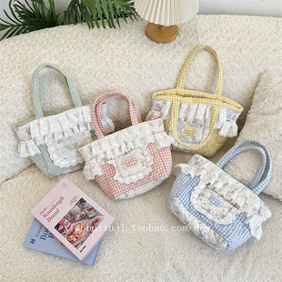 小白兔几2025新款韩版格子款清新手提包蕾丝手拎包通勤整理手提包