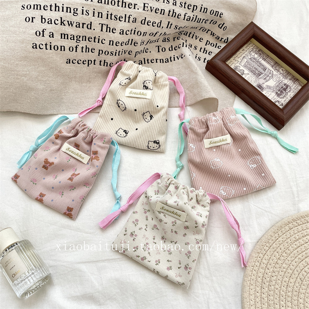 小白兔几 灯芯绒卡通印花抽绳收纳袋随身化妆品补妆袋杂物整理袋