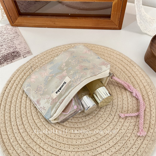 小白兔几 提花蝴蝶化妆包系绳小包口红杂物收纳零钱包随身手拿包