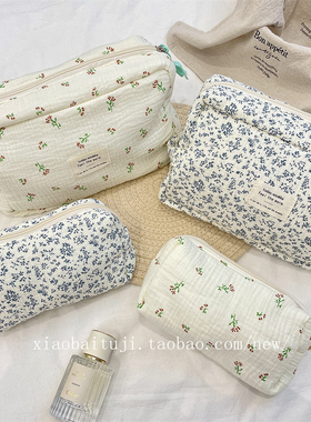 小白兔几 蓝色海棠花化妆包大容量收纳包外出旅行包手提包洗漱包