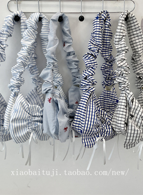 小白兔几 韩系褶皱翻盖手提单肩包蓝白条纹蝴蝶结女大容量斜挎包