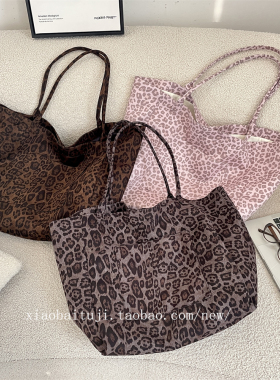 小白兔几 韩版复古粉豹纹麂皮绒单肩包高级感托特包细肩带帆布包