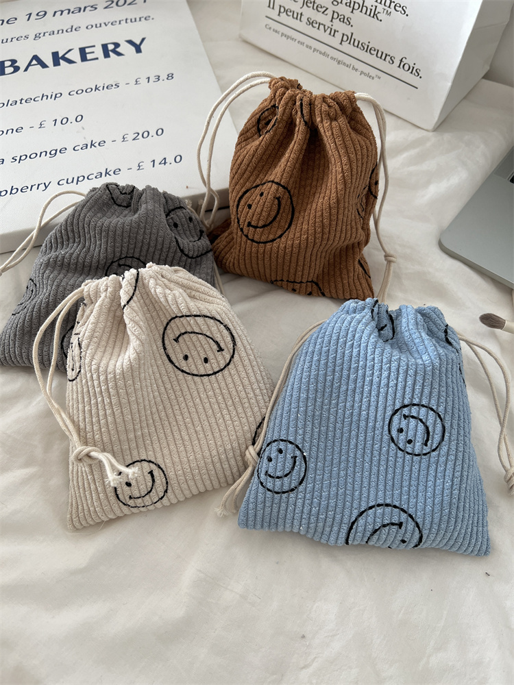 小白兔几  复古灯芯绒笑脸收纳袋抽绳束口化妆包袋杂物整理袋小号,收纳整理,其他收纳袋,淘宝优惠券,粉丝福利购,淘宝优惠卷