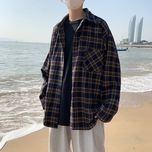 春季港风休闲宽松内搭衬衣 外穿格子百搭长袖衬衫男 C783/P40图片