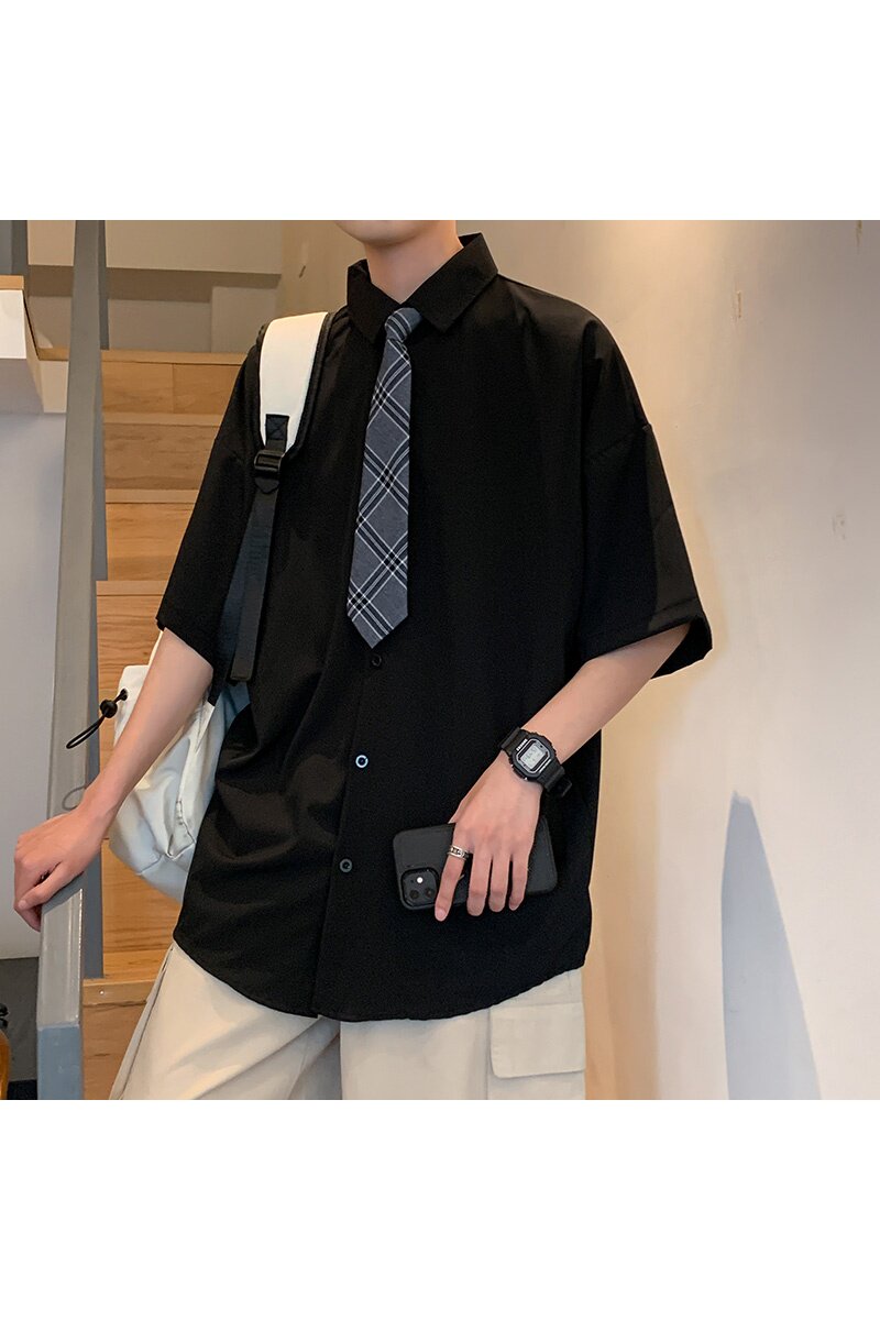 送领带夏季薄款短袖衬衫男港风宽松班服DK学院风衬衣C313/P32,男装T恤,电商D202-1