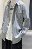春季新款港风休闲宽松内搭衬衣外穿条纹百搭长袖衬衫男CS23/P45，男装衬衫，电商D202-1