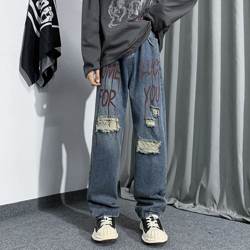 美式高街牛仔裤男女 韩版情侣直筒休闲裤NK412/P40图片