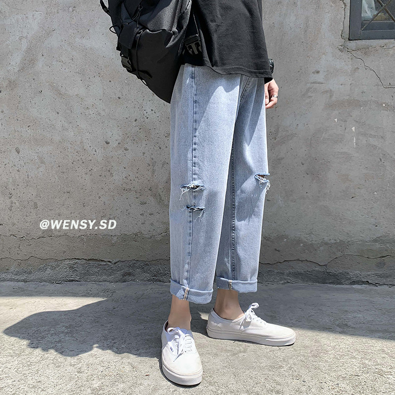 夏季百搭破洞直筒牛仔裤男九分裤韩版潮宽松休闲裤N/，男装牛仔裤，电商D202-1
