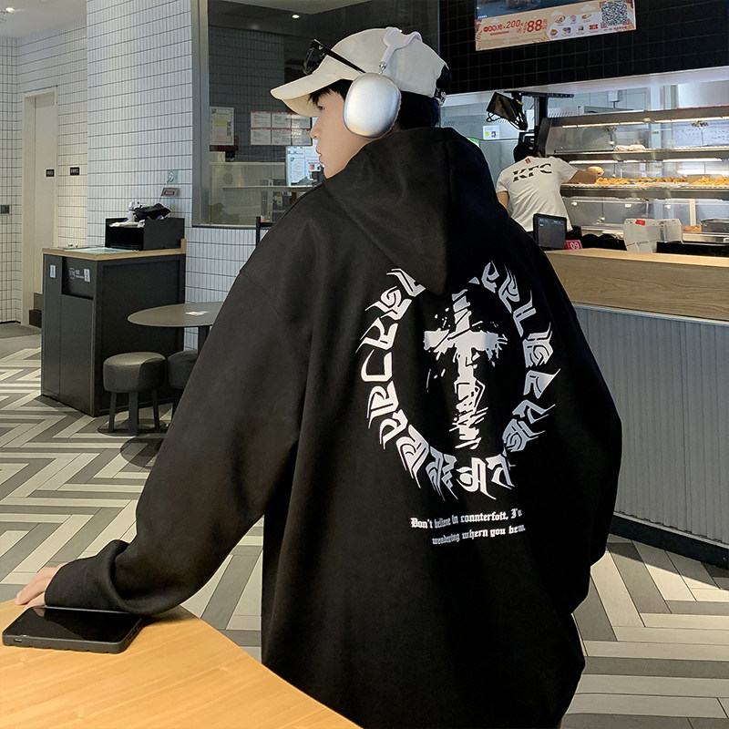 麂皮绒卫衣男美式高街连帽潮牌痞帅hiphop复古宽松外套W219-P48图片