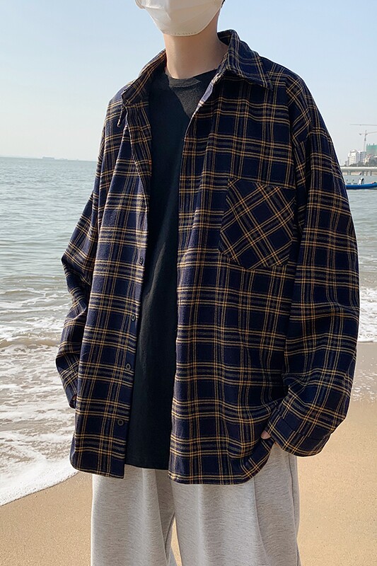 春季港风休闲宽松内搭衬衣外穿格子百搭长袖衬衫男C783/P40,男装衬衫,电商D202-1