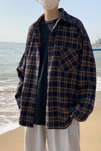 春季港风休闲宽松内搭衬衣 外穿格子百搭长袖衬衫男 C783/P40图片