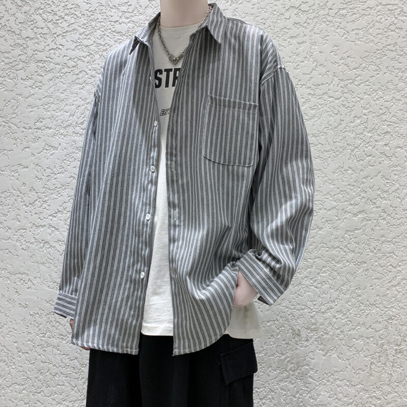 春季新款港风休闲宽松衬衣外穿条纹百搭长袖衬衫男CS23/P45,男装衬衫,电商D202-1