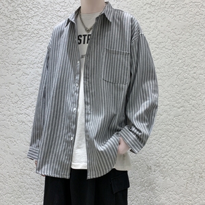 春季新款港风休闲宽松衬衣外穿条纹百搭长袖衬衫男CS23/P45