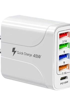 美规手机充电头4USB+PD18W英规48W充电器.1A非快充5口type-c接口