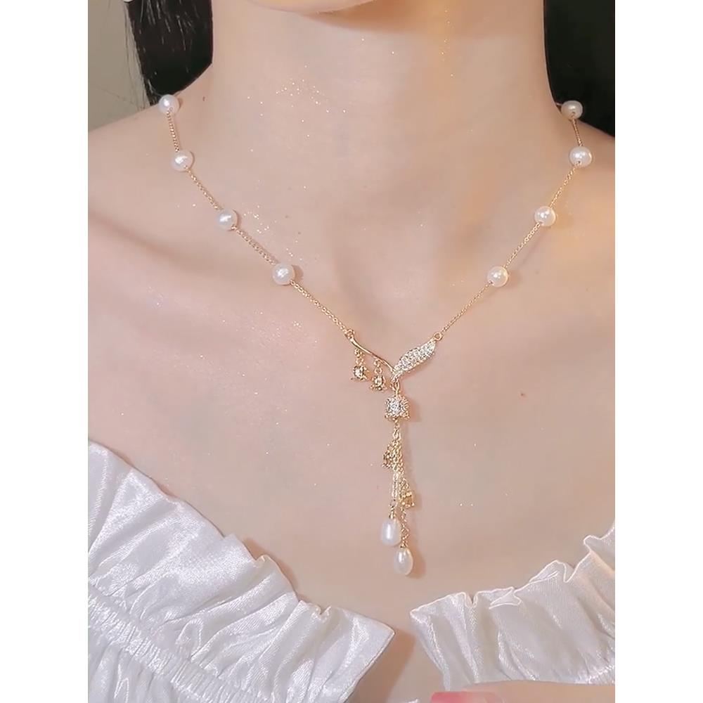 夏季铃兰花珍珠流苏吊坠项链女轻奢高级感锁骨链网红新款百搭配饰