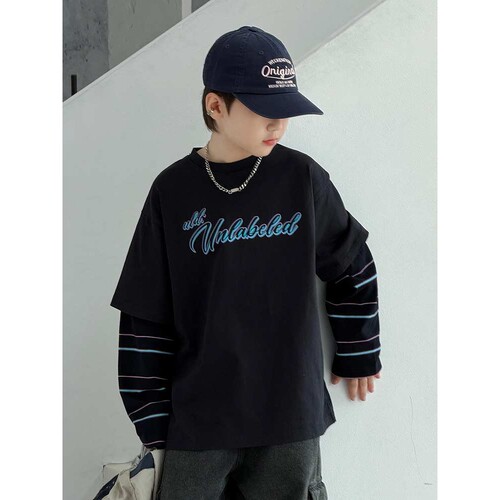 专柜品牌男童长袖t恤纯棉2026新款儿童假两件打底衫春秋季中大童