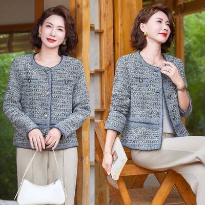 官方品牌妈妈春装小香风洋气外套2026新款中老年女装春秋时尚圆领