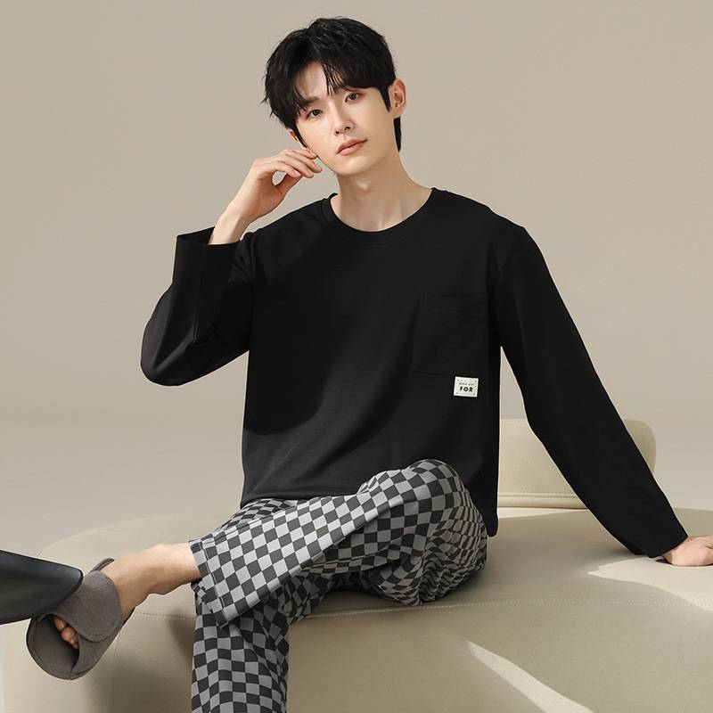 官方正品圆领睡衣男士春秋款纯棉长袖纯色简约运动休闲大码青年冬