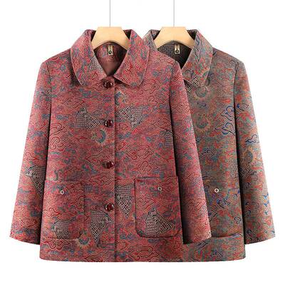 官方品牌中老年女装翻领印花外套妈妈装洋气宽松大码春装奶奶时尚