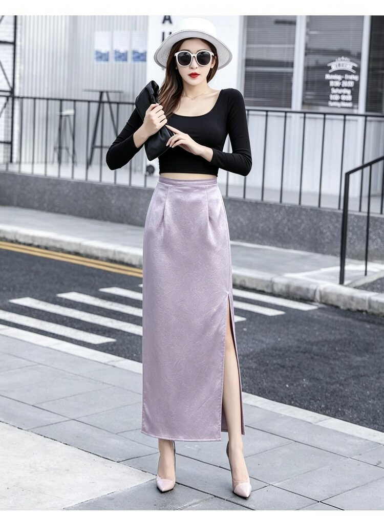 2025春夏新款气质后开叉黑色包臀裙女高腰中长款半身裙直筒裙