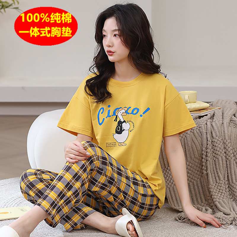 自带胸垫睡衣女士夏季纯棉薄款短袖长裤全棉家居服休闲可外穿套装