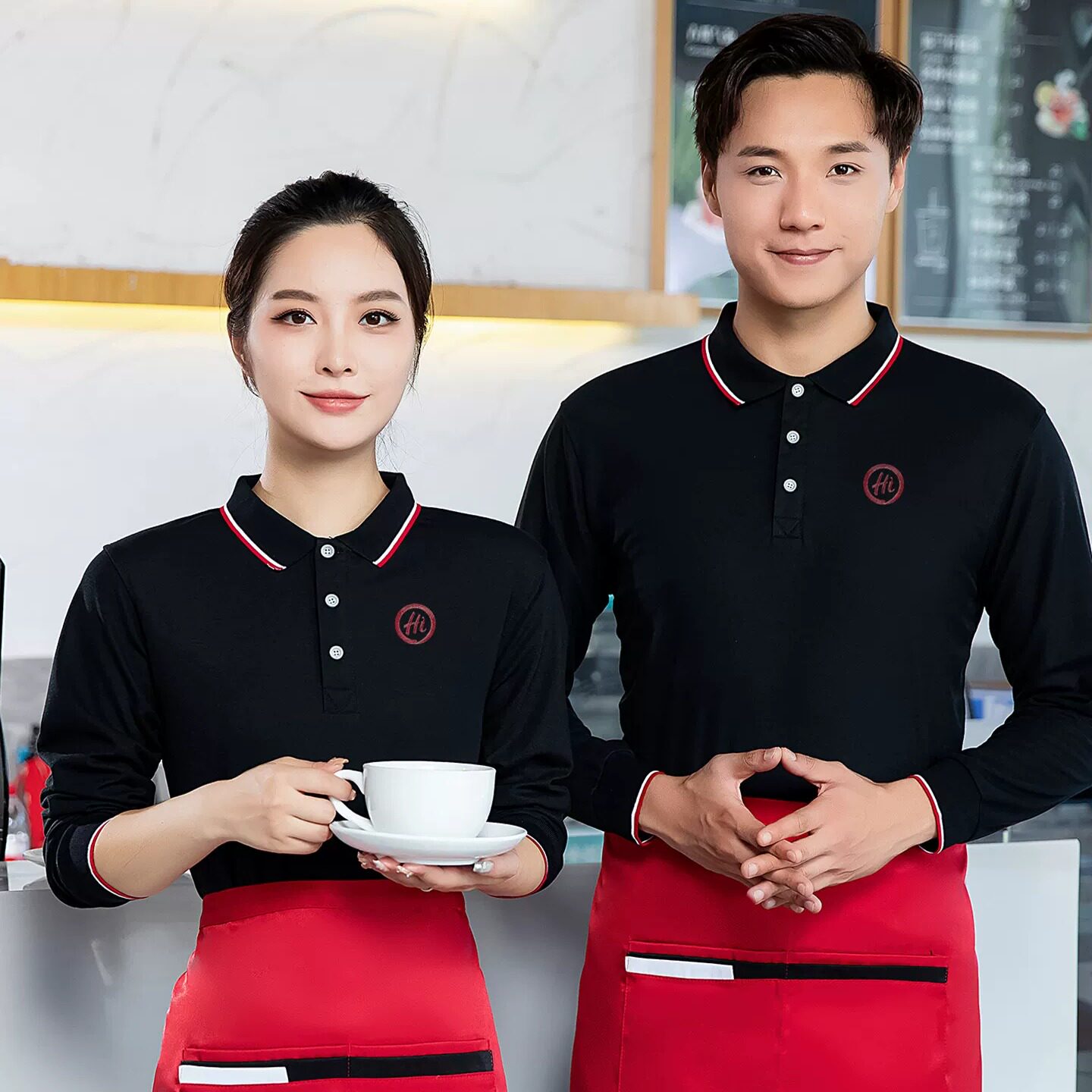 餐饮长袖polo衫工作服定制印logo