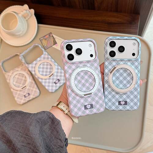 时髦格纹旋转支架磁吸适用iphone17pm手机壳苹果18高级15支点16硬