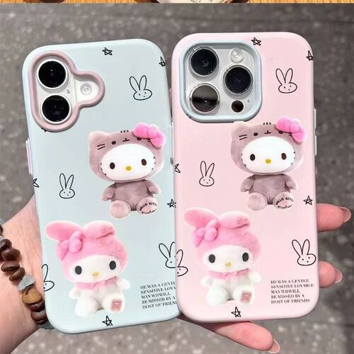 毛绒KT猫适用iPhone17ProMax防摔15Pro手机壳苹果16卡通14小清新