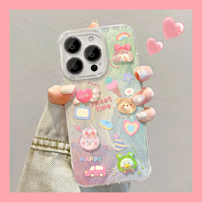 适用苹果15手机壳iphone14pm立体兔子公仔13pro羽纱16镭射17可爱X