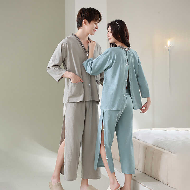 艾灸服女款纯棉前后开扣针灸刮痧针灸熏蒸推拿按摩服长袖裤侧开男